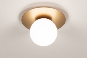 plafondlamp 15579 modern eigentijds klassiek art deco glas wit opaalglas messing (kleur) metaal wit mat goud messing (kleur) rond