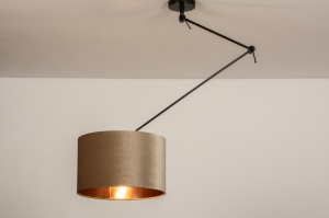 hanglamp 30921 landelijk rustiek modern eigentijds klassiek stof metaal zwart mat koper taupe rond