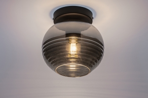 plafondlamp 31050 landelijk modern retro eigentijds klassiek glas metaal zwart mat grijs rond