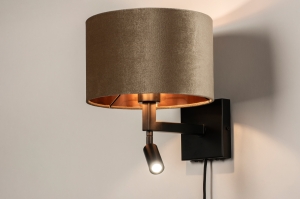 wandlamp 31428 modern eigentijds klassiek stof metaal zwart mat koper taupe rond vierkant