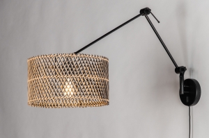wandlamp 31666 landelijk modern retro metaal rotan zwart mat naturel rond langwerpig