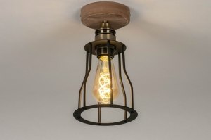 plafondlamp 73494 eindereeks industrieel landelijk modern eigentijds klassiek hout messing geschuurd metaal zwart mat bruin mat messing rond