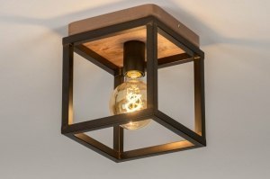 plafondlamp 73500 industrieel landelijk modern hout metaal oldmetal (gunmetal) zwart bruin hout oldmetal (gunmetal) vierkant