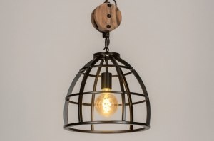 hanglamp 73502 industrieel landelijk modern stoere lampen hout metaal zwart rond