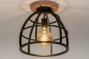 plafondlamp 73505 industrieel landelijk modern stoere lampen hout metaal zwart mat rond