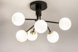plafondlamp 74525 modern retro eigentijds klassiek art deco glas wit opaalglas messing (kleur) geschuurd metaal zwart mat wit mat goud messing (kleur)