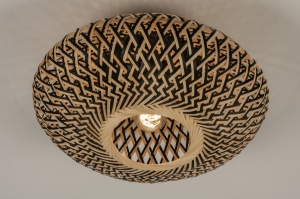 plafondlamp 74749 landelijk modern hout riet zwart naturel rond