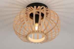 plafondlamp 74797 landelijk modern hout licht hout metaal riet zwart mat naturel rond